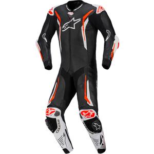 Alpinestars GP TECH V5 vientisas odinis motociklo kostiumas juodas-baltas-fluorescencinis raudonas
