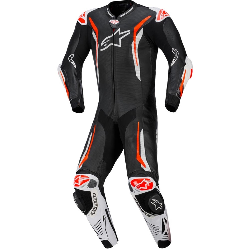 Alpinestars GP TECH V5 vientisas odinis motociklo kostiumas juodas-baltas-fluorescencinis raudonas