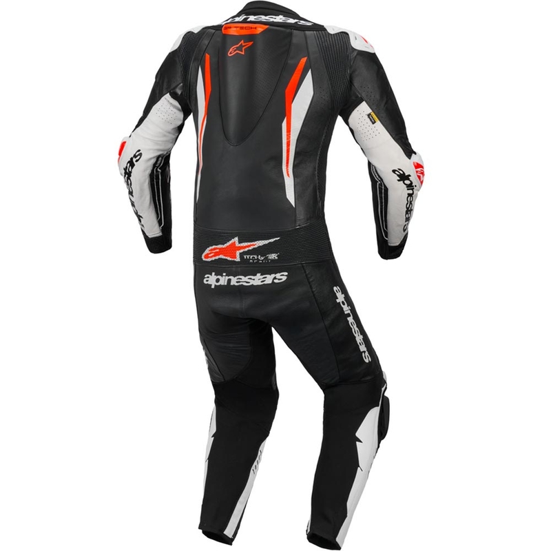 Alpinestars GP TECH V5 vientisas odinis motociklo kostiumas juodas-baltas-fluorescencinis raudonas