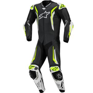 Alpinestars GP TECH V5 vientisas odinis motociklo kostiumas juodas-baltas-fluorescencinis geltonas