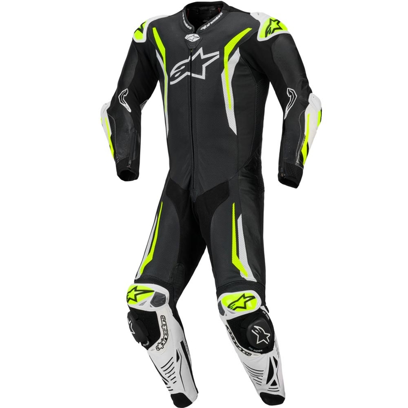 Alpinestars GP TECH V5 vientisas odinis motociklo kostiumas juodas-baltas-fluorescencinis geltonas
