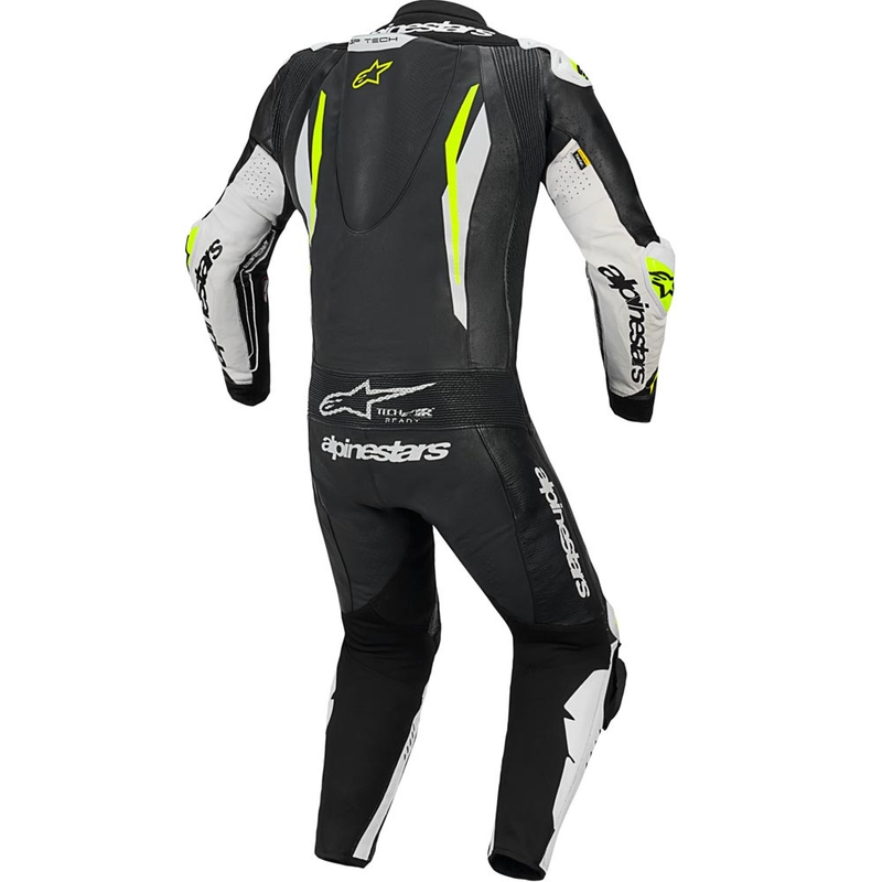 Alpinestars GP TECH V5 vientisas odinis motociklo kostiumas juodas-baltas-fluorescencinis geltonas