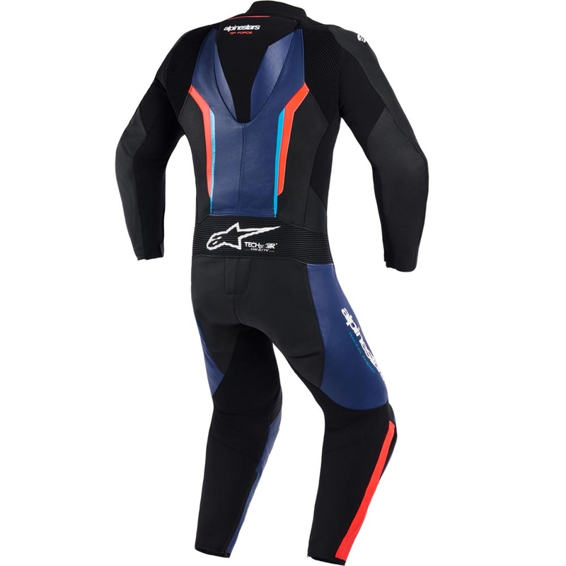 Alpinestars GP FORCE V2 vientisas motociklo kostiumas juodas-mėlynas-fluorescencinis raudonas-
