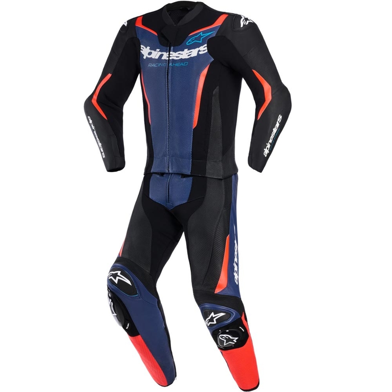 Alpinestars GP Force V2 dviejų dalių motociklo kostiumas, juodas-mėlynas-fluorescencinis raudonas