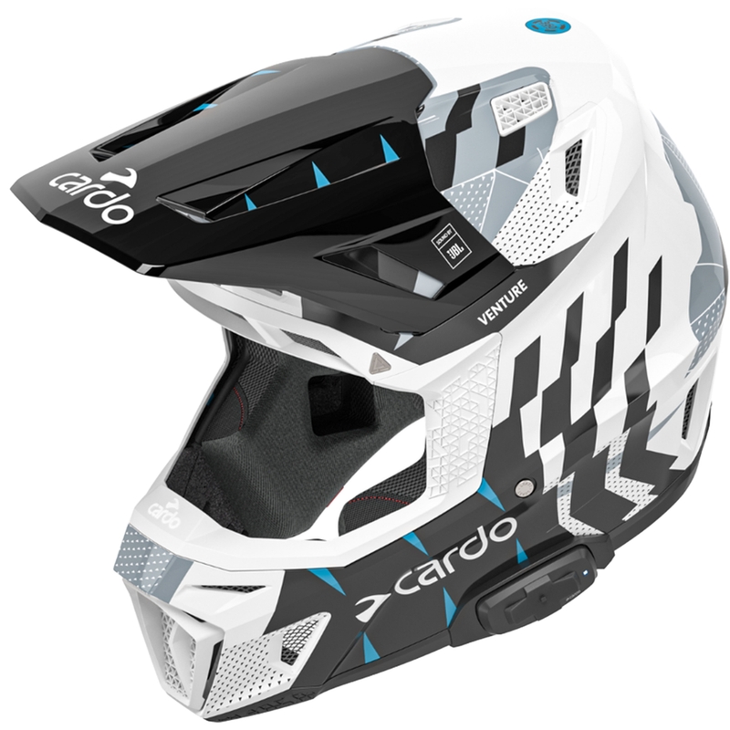 Motokroso šalmas su domofonu Cardo Venture juoda-balta-pilka