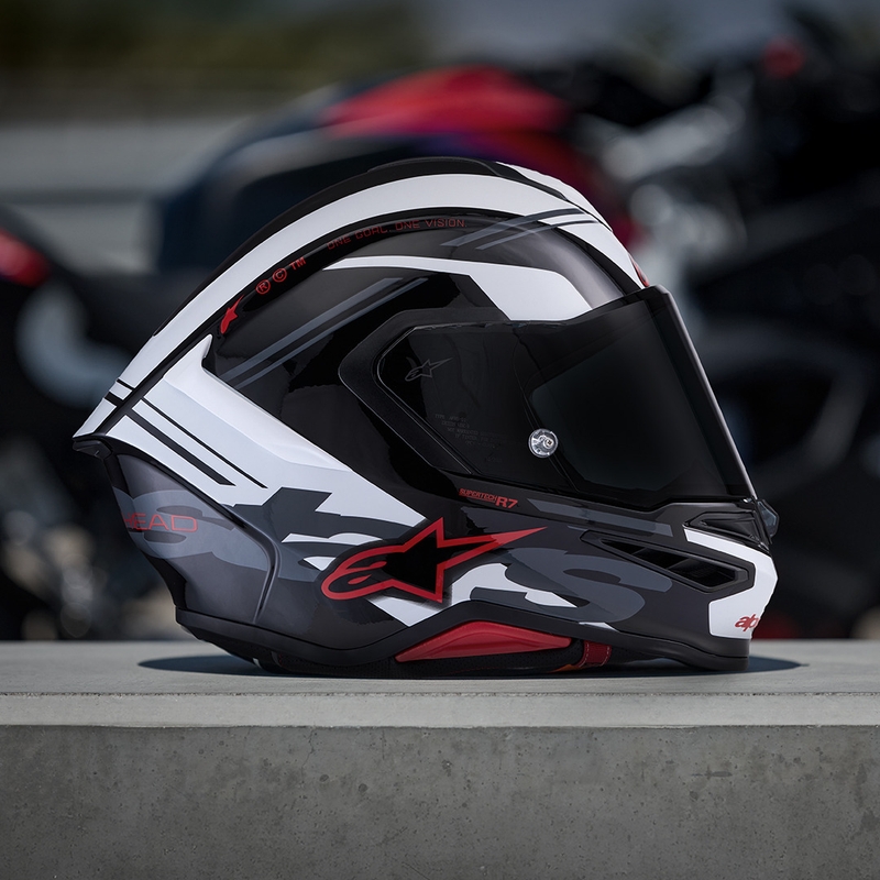 Alpinestars S-R7 A-Core uždaras motociklo šalmas juodas-baltas-raudonas