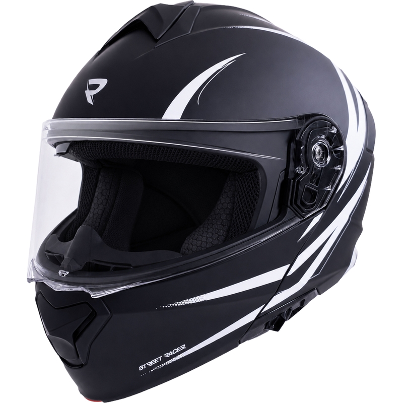Atlenkiamas motociklo šalmas „Street Racer Fury“ matinės juodos-baltos spalvos - pavyzdys