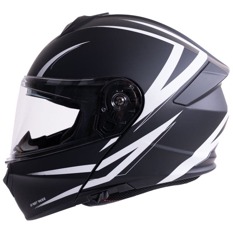 Atlenkiamas motociklo šalmas „Street Racer Fury“ matinės juodos-baltos spalvos - pavyzdys