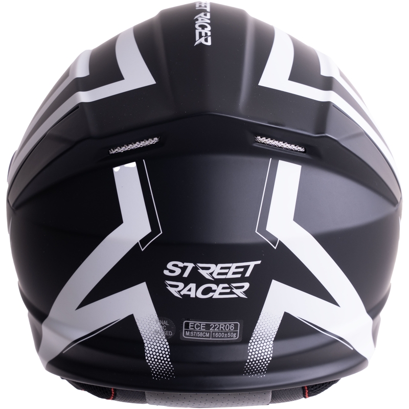 Atlenkiamas motociklo šalmas „Street Racer Fury“ matinės juodos-baltos spalvos - pavyzdys