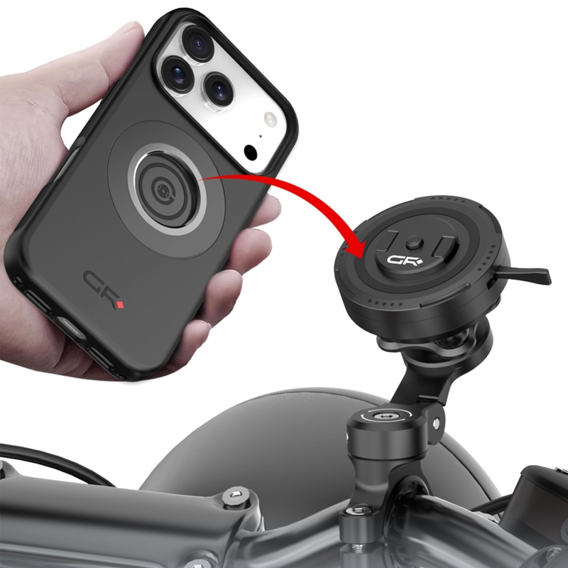 Motociklo vairo telefono laikiklis su reguliuojamu laikikliu GRxplore MT11, juodas