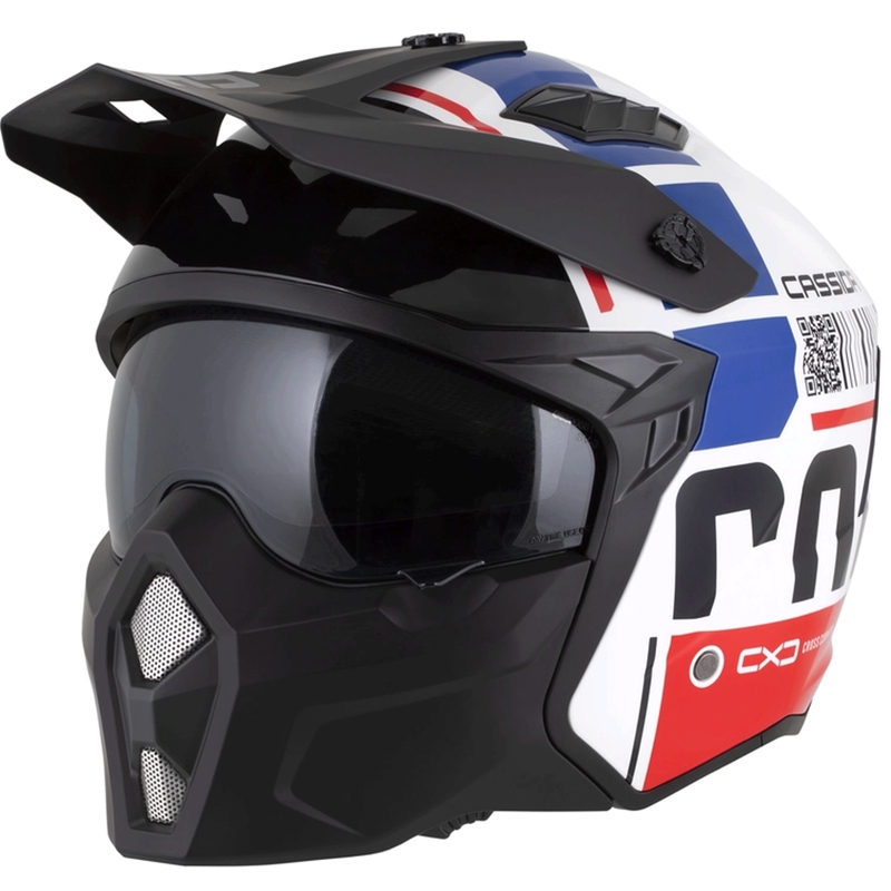 Modulinis motociklo šalmas Cassida Cross Country Code balta-raudona-mėlyna-juoda
