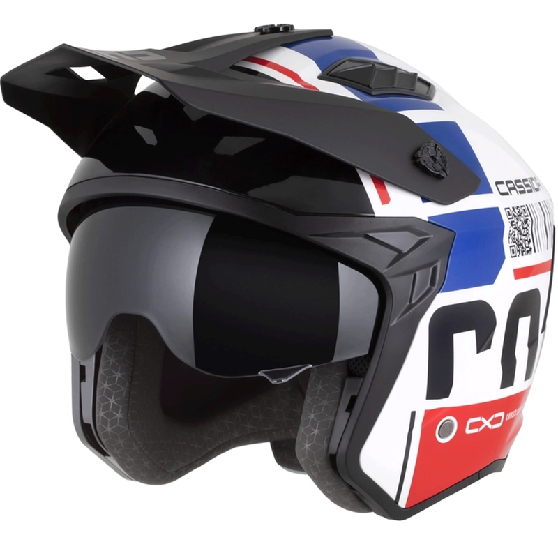 Modulinis motociklo šalmas Cassida Cross Country Code balta-raudona-mėlyna-juoda
