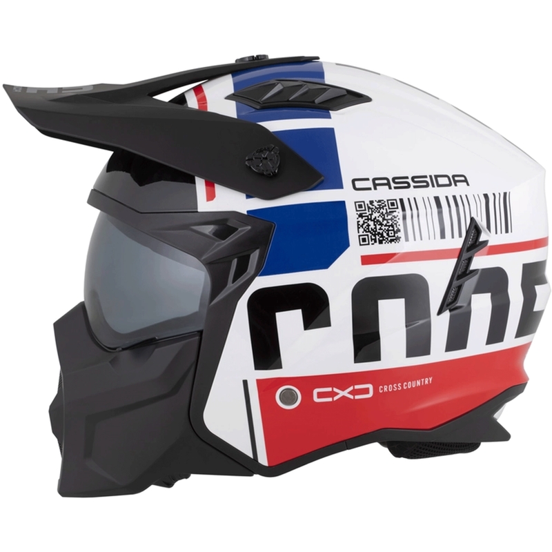 Modulinis motociklo šalmas Cassida Cross Country Code balta-raudona-mėlyna-juoda