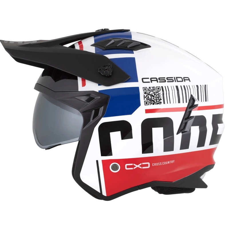 Modulinis motociklo šalmas Cassida Cross Country Code balta-raudona-mėlyna-juoda