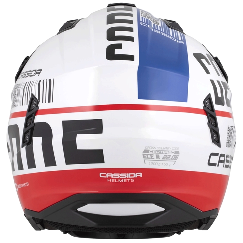 Modulinis motociklo šalmas Cassida Cross Country Code balta-raudona-mėlyna-juoda