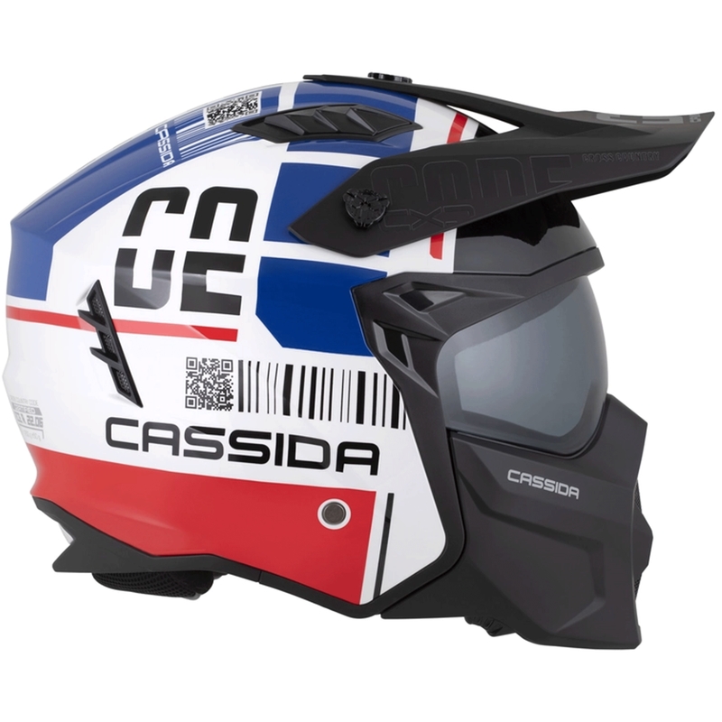 Modulinis motociklo šalmas Cassida Cross Country Code balta-raudona-mėlyna-juoda