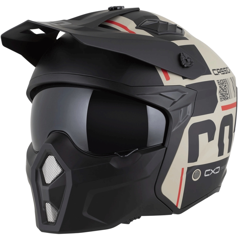 Modulinis motociklo šalmas Cassida Cross Country Code matinės smėlio-juodos-raudonos spalvos
