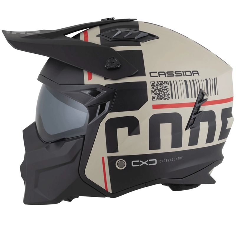 Modulinis motociklo šalmas Cassida Cross Country Code matinės smėlio-juodos-raudonos spalvos