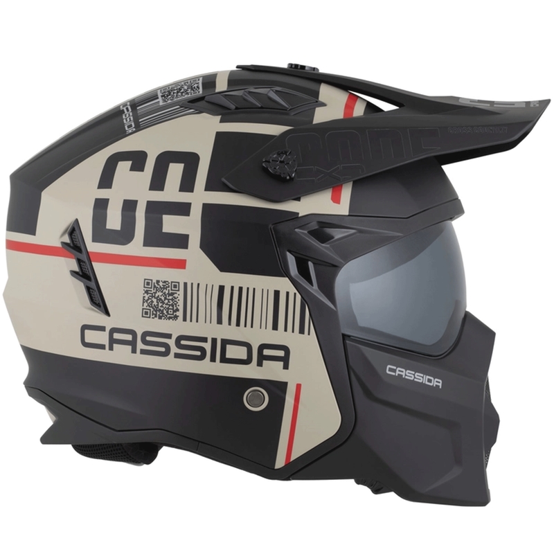 Modulinis motociklo šalmas Cassida Cross Country Code matinės smėlio-juodos-raudonos spalvos