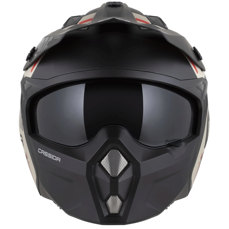Modulinis motociklo šalmas Cassida Cross Country Code matinės smėlio-juodos-raudonos spalvos