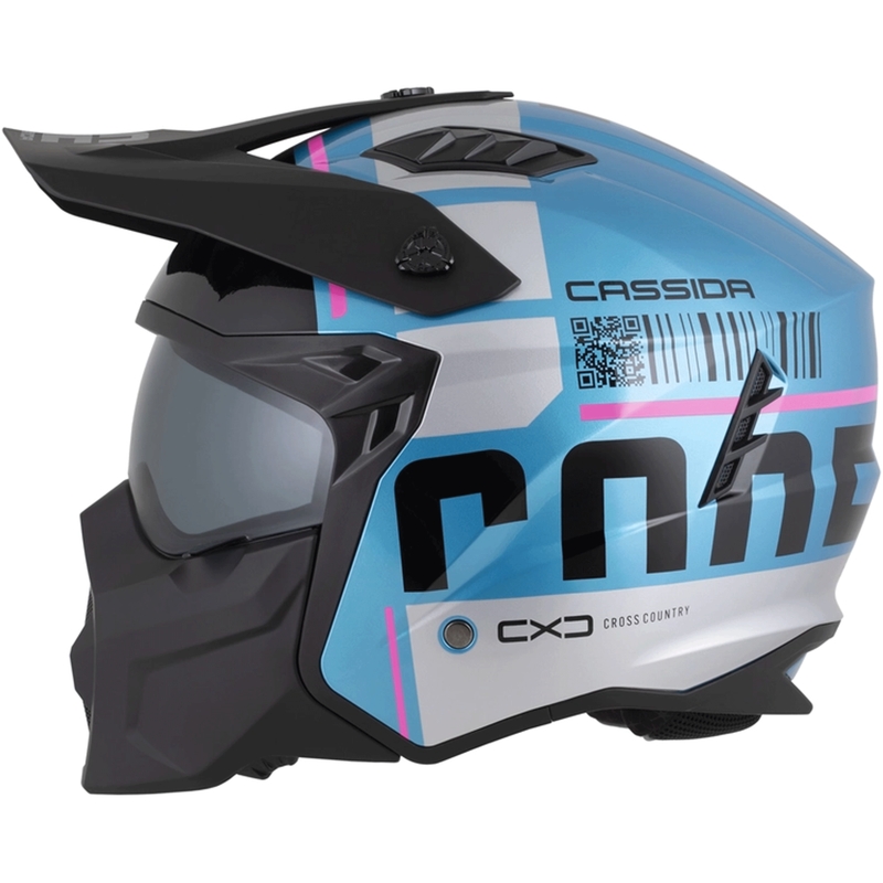 Modulinis motociklo šalmas Cassida Cross Country Code perlinė mėlyna-sidabrinė-rožinė-juoda
