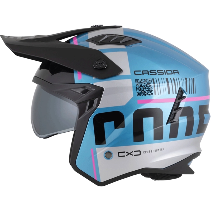Modulinis motociklo šalmas Cassida Cross Country Code perlinė mėlyna-sidabrinė-rožinė-juoda