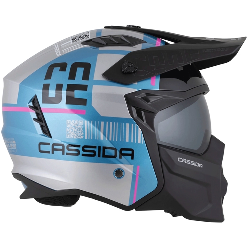 Modulinis motociklo šalmas Cassida Cross Country Code perlinė mėlyna-sidabrinė-rožinė-juoda