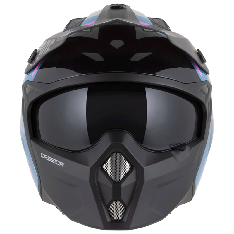 Modulinis motociklo šalmas Cassida Cross Country Code perlinė mėlyna-sidabrinė-rožinė-juoda