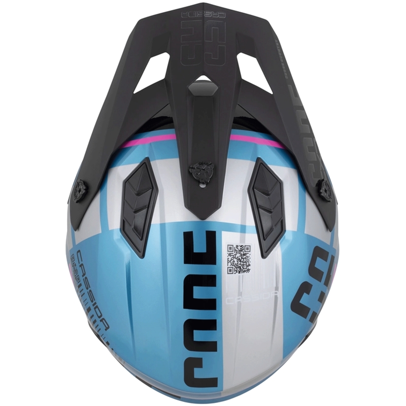 Modulinis motociklo šalmas Cassida Cross Country Code perlinė mėlyna-sidabrinė-rožinė-juoda