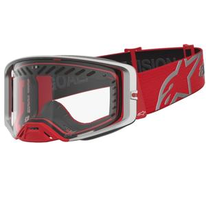 „Alpinestars Supertech Dura Air Fluid“ raudonos-sidabrinės spalvos motokroso akiniai su skaidriu plexiglasu