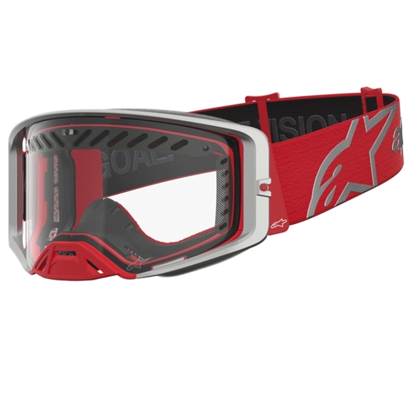 „Alpinestars Supertech Dura Air Fluid“ raudonos-sidabrinės spalvos motokroso akiniai su skaidriu plexiglasu