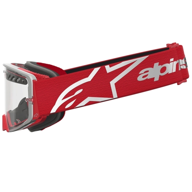 „Alpinestars Supertech Dura Air Fluid“ raudonos-sidabrinės spalvos motokroso akiniai su skaidriu plexiglasu