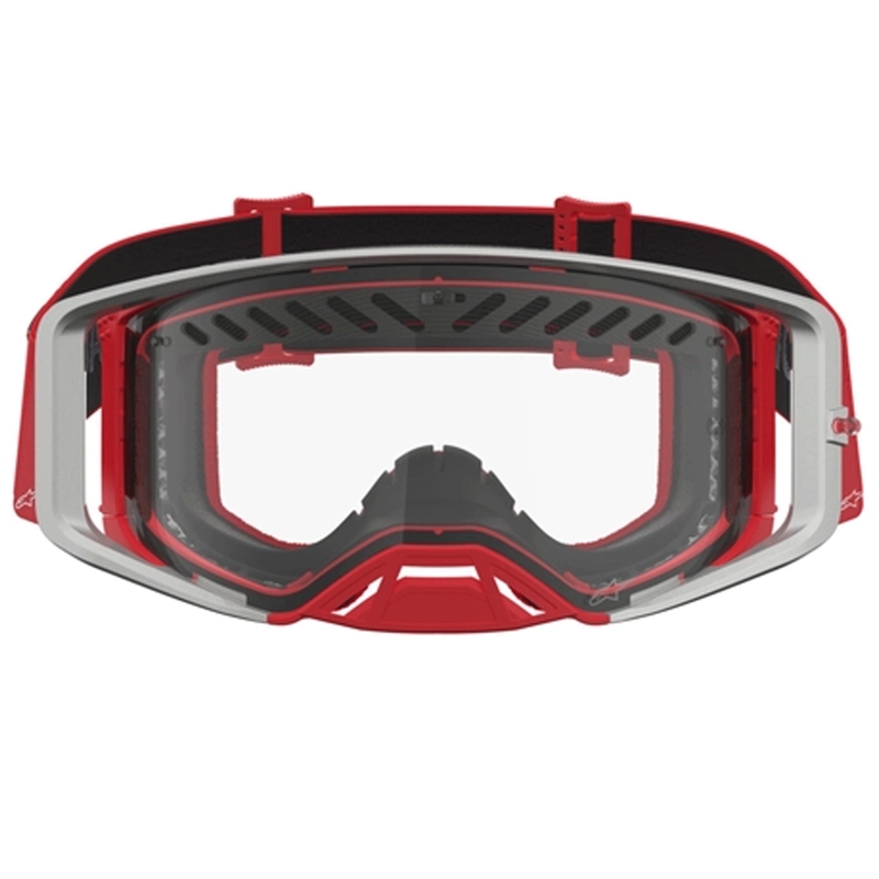„Alpinestars Supertech Dura Air Fluid“ raudonos-sidabrinės spalvos motokroso akiniai su skaidriu plexiglasu