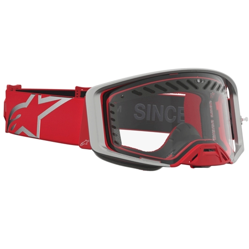 „Alpinestars Supertech Dura Air Fluid“ raudonos-sidabrinės spalvos motokroso akiniai su skaidriu plexiglasu