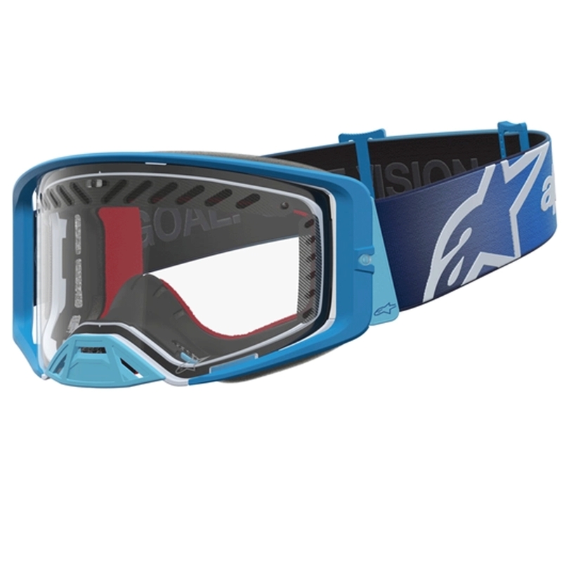 „Alpinestars Supertech Dura Air Fluid“ mėlynai sidabriniai motokroso akiniai su skaidriu plexiglasu