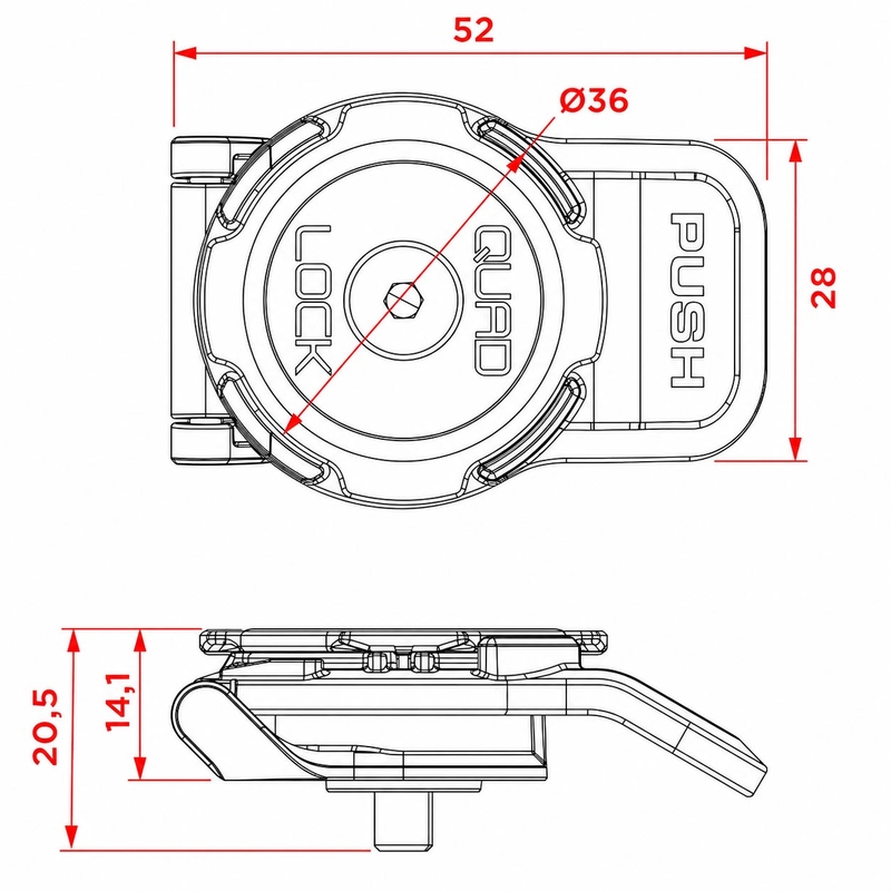 „Quad Lock® 360“ trumpos svirties mobiliojo telefono laikiklis su juoda galvute