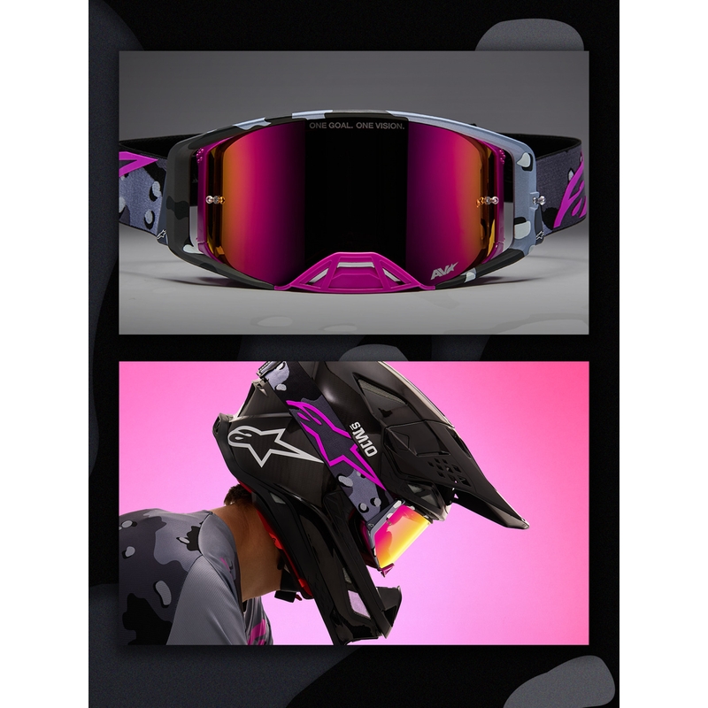 „Alpinestars Supertech Lone“ violetiniai maskuojantys motokroso akiniai su veidrodiniu rožiniu plexiglasu