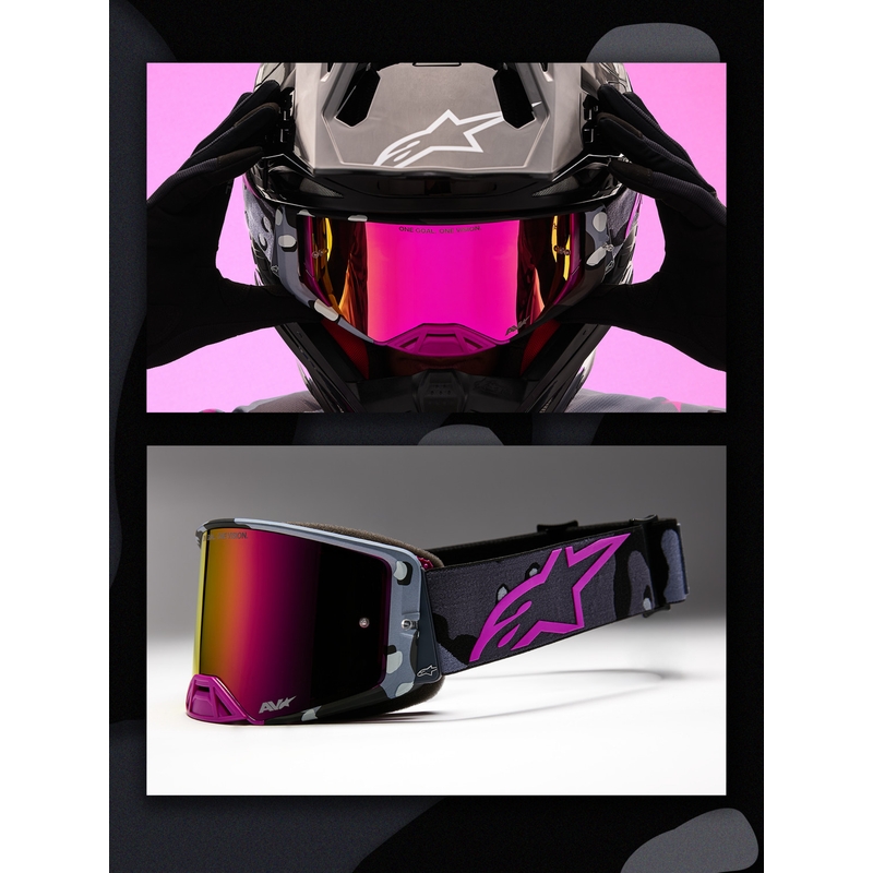 „Alpinestars Supertech Lone“ violetiniai maskuojantys motokroso akiniai su veidrodiniu rožiniu plexiglasu