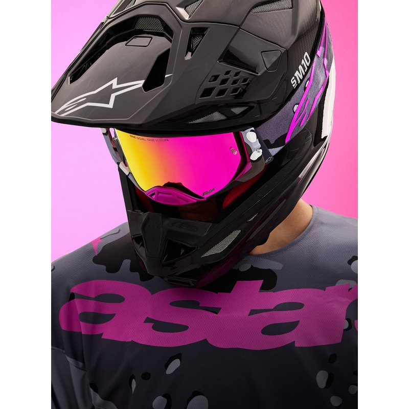 „Alpinestars Supertech Lone“ violetiniai maskuojantys motokroso akiniai su veidrodiniu rožiniu plexiglasu