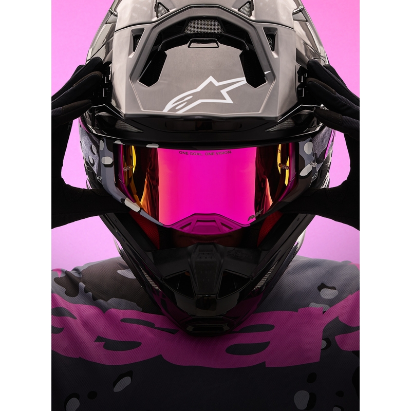 „Alpinestars Supertech Lone“ violetiniai maskuojantys motokroso akiniai su veidrodiniu rožiniu plexiglasu