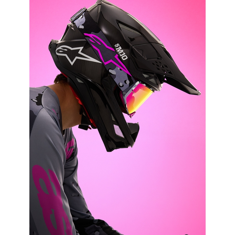 „Alpinestars Supertech Lone“ violetiniai maskuojantys motokroso akiniai su veidrodiniu rožiniu plexiglasu