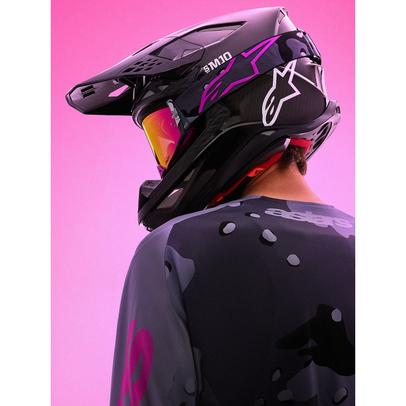 „Alpinestars Supertech Lone“ violetiniai maskuojantys motokroso akiniai su veidrodiniu rožiniu plexiglasu