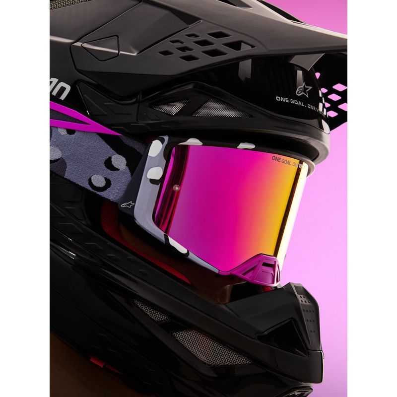 „Alpinestars Supertech Lone“ violetiniai maskuojantys motokroso akiniai su veidrodiniu rožiniu plexiglasu