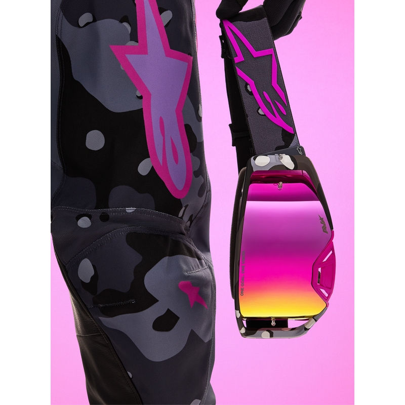 „Alpinestars Supertech Lone“ violetiniai maskuojantys motokroso akiniai su veidrodiniu rožiniu plexiglasu