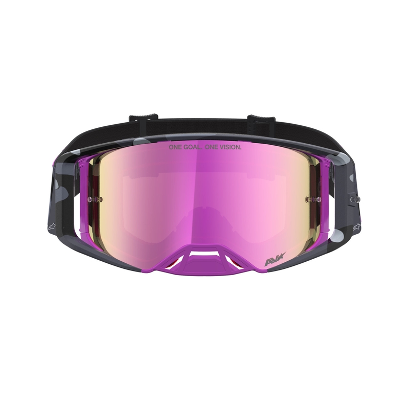 „Alpinestars Supertech Lone“ violetiniai maskuojantys motokroso akiniai su veidrodiniu rožiniu plexiglasu