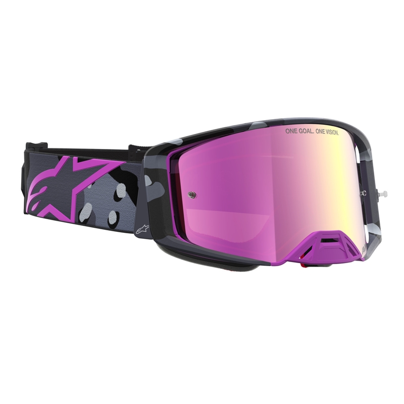 „Alpinestars Supertech Lone“ violetiniai maskuojantys motokroso akiniai su veidrodiniu rožiniu plexiglasu