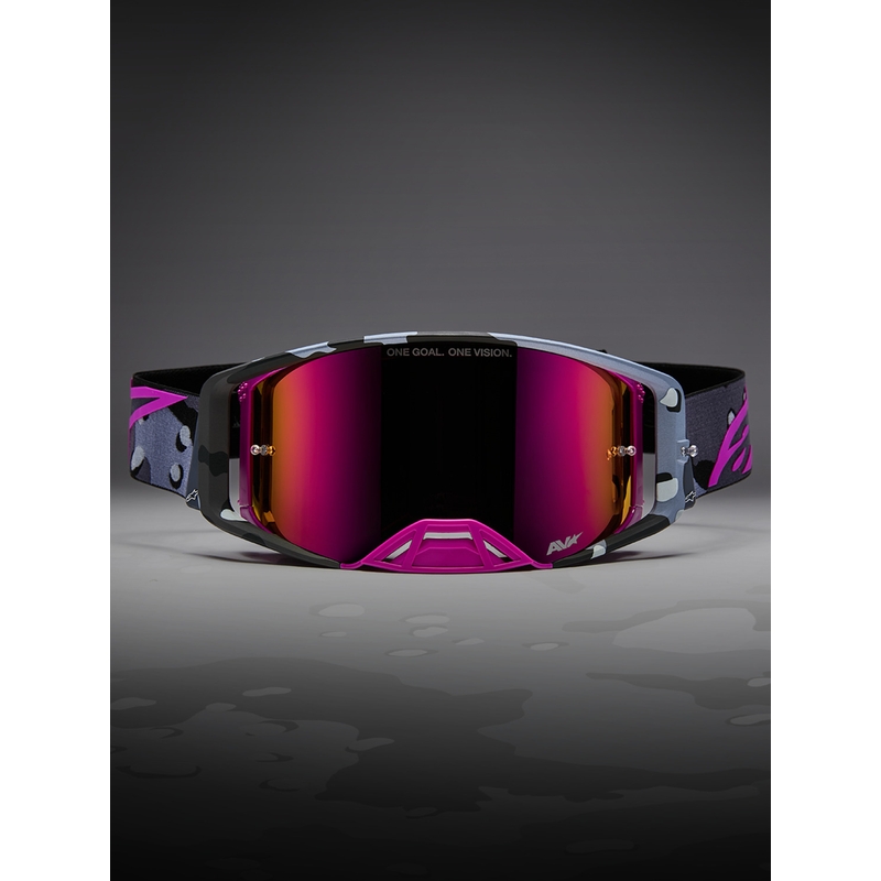 „Alpinestars Supertech Lone“ violetiniai maskuojantys motokroso akiniai su veidrodiniu rožiniu plexiglasu