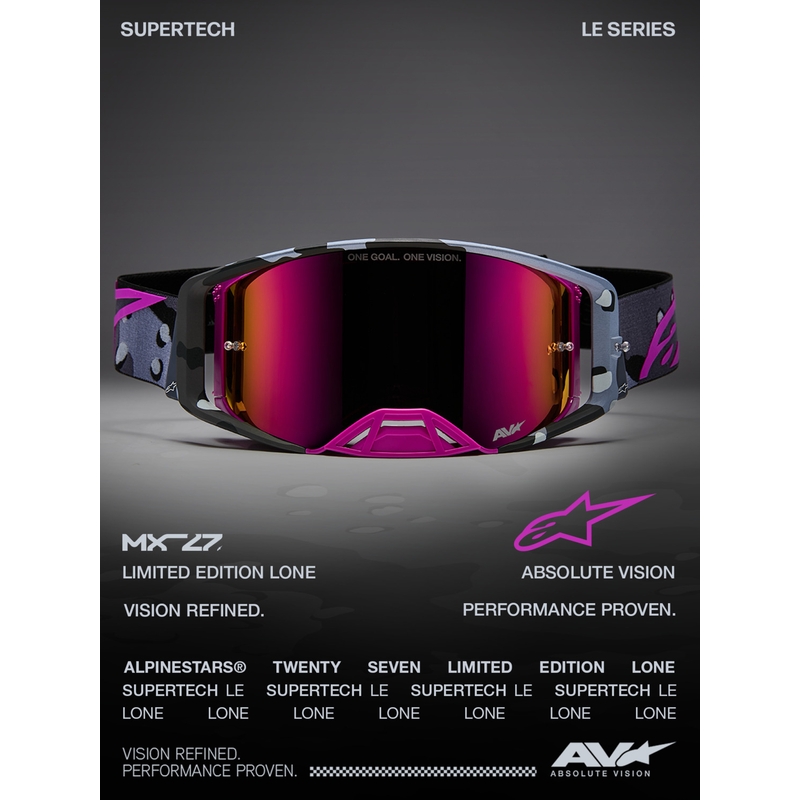 „Alpinestars Supertech Lone“ violetiniai maskuojantys motokroso akiniai su veidrodiniu rožiniu plexiglasu