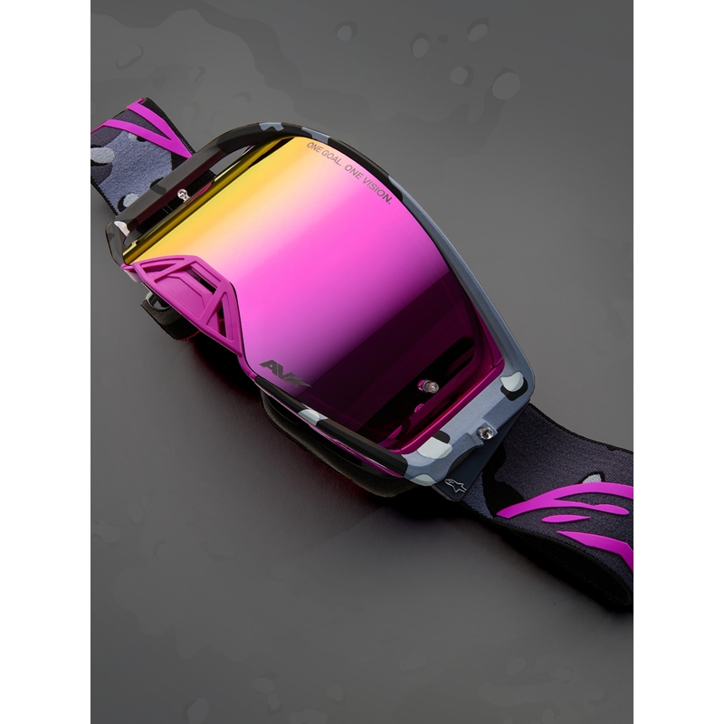 „Alpinestars Supertech Lone“ violetiniai maskuojantys motokroso akiniai su veidrodiniu rožiniu plexiglasu