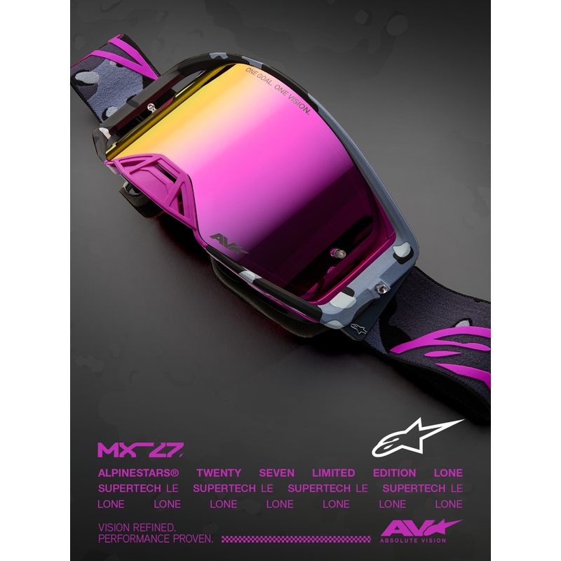 „Alpinestars Supertech Lone“ violetiniai maskuojantys motokroso akiniai su veidrodiniu rožiniu plexiglasu